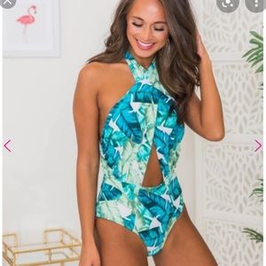 Pink Lily tropical print One Piece tie neck swim💚